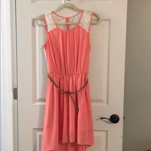 Coral dress with lace back and belt